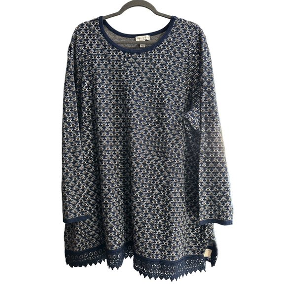 Susan Graver size 2X navy print long sleeve lace hem sweater - Picture 1 of 7